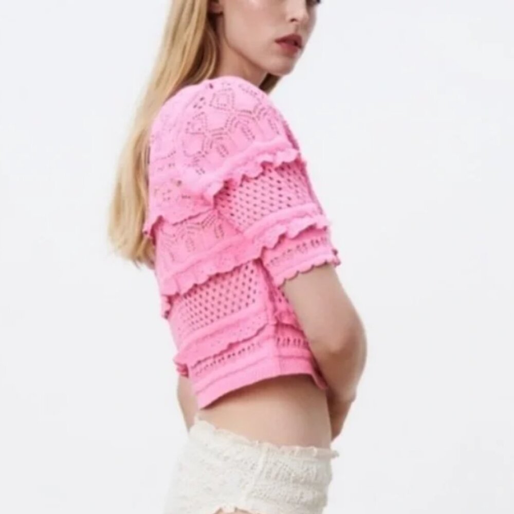 NEW ZARA Pink Cotton Knit Crochet Crop Top: Cottagecore Cardigan - Picture 4 of 16